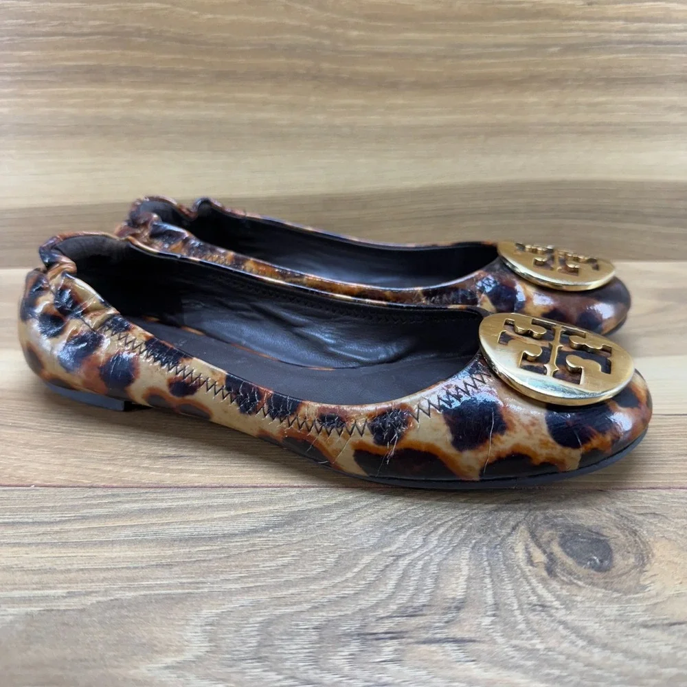 Tory Burch Womens 6 M Leopard Print Patent Leather Reva Flats Ballerinas